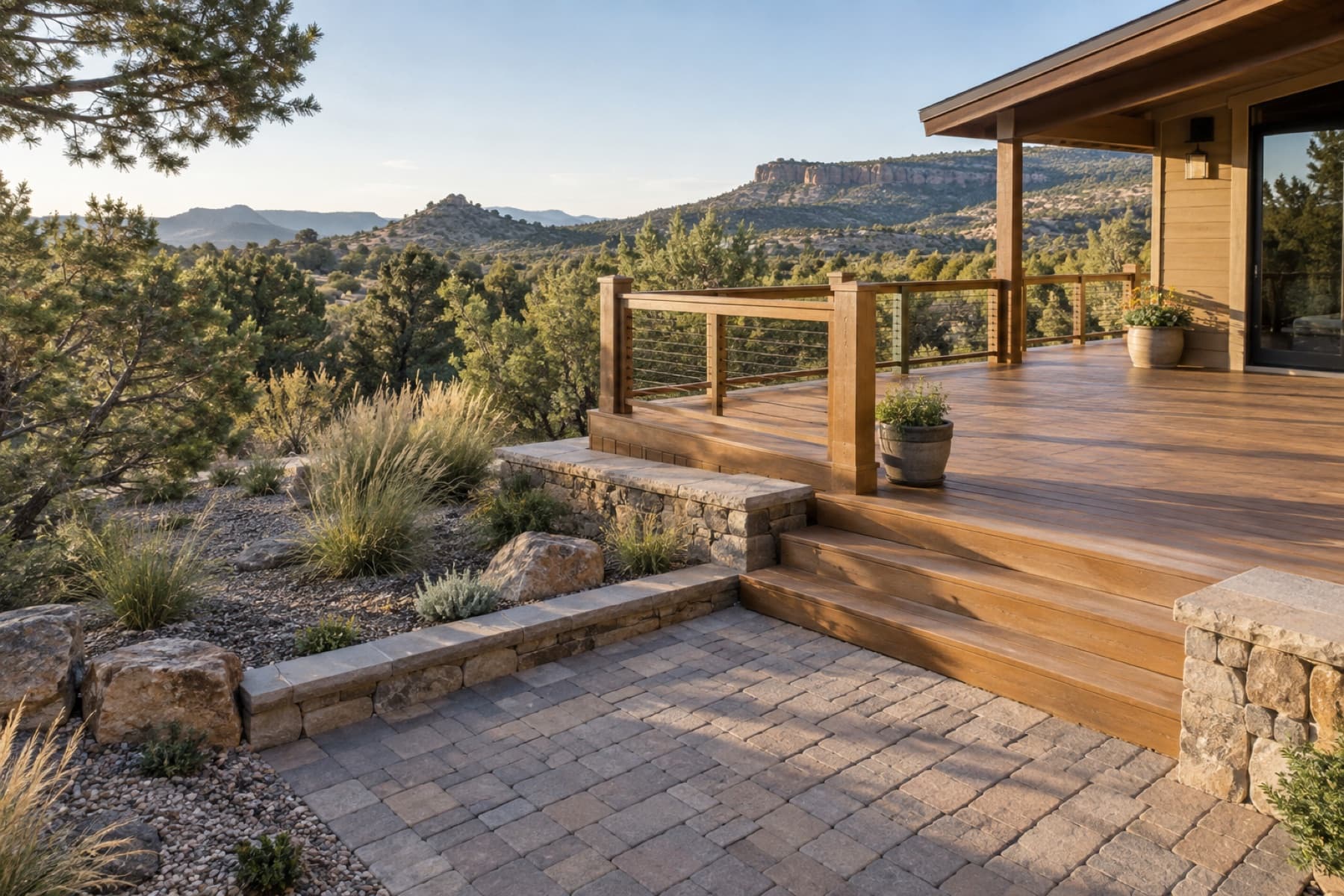 Paver patio, stone edging, and deck at a high desert home