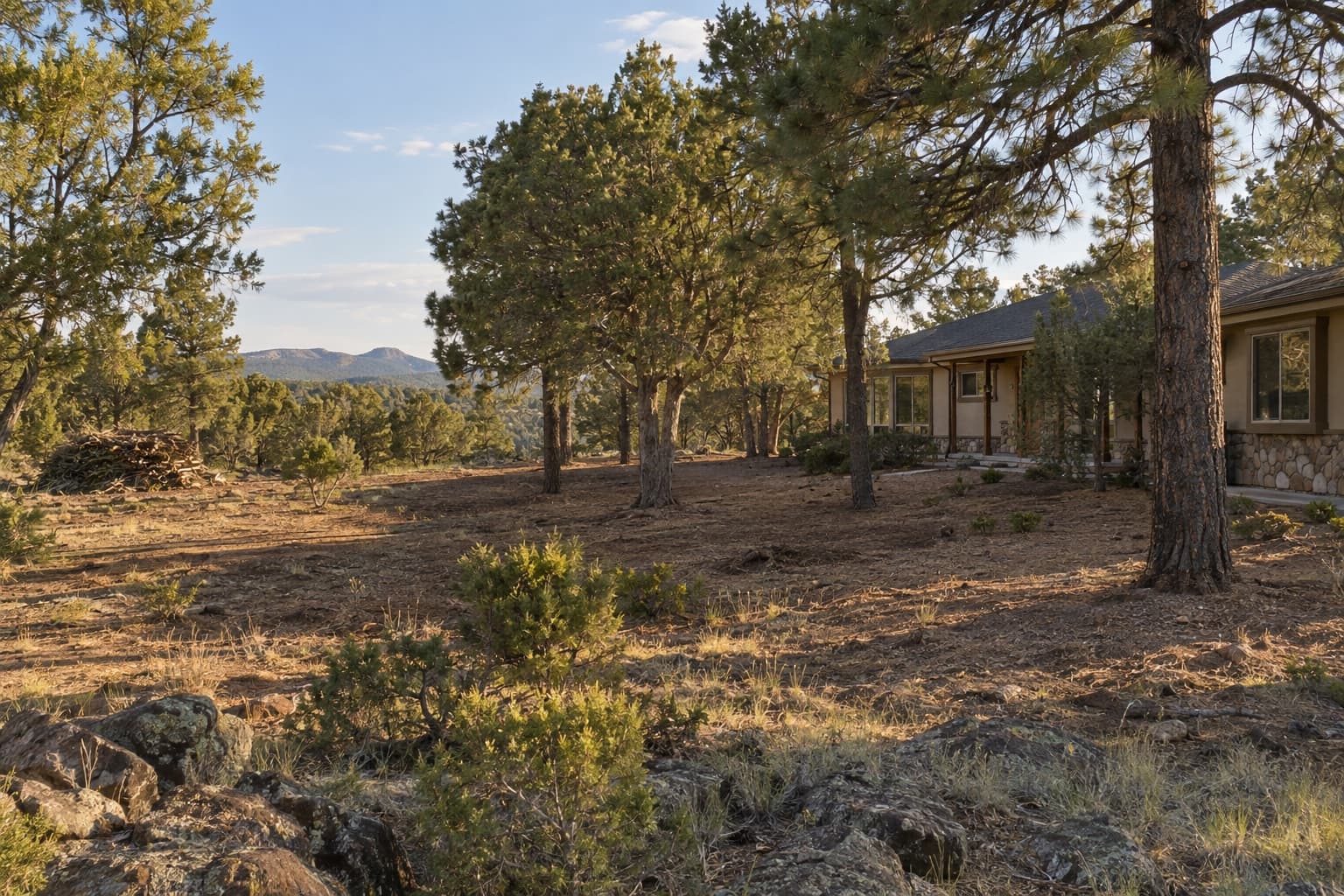 Northern Arizona home with vegetation thinned and dry brush cleared for defensible space