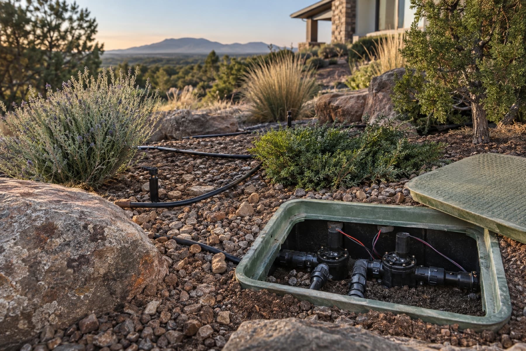 Drip irrigation valves and lines in a high desert landscape