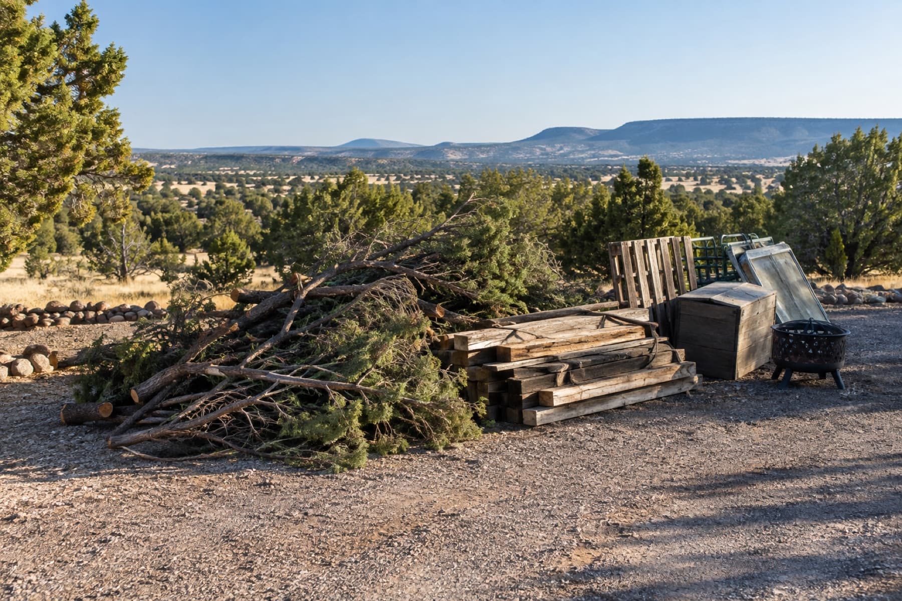 Outdoor branches and weathered materials organized for removal
